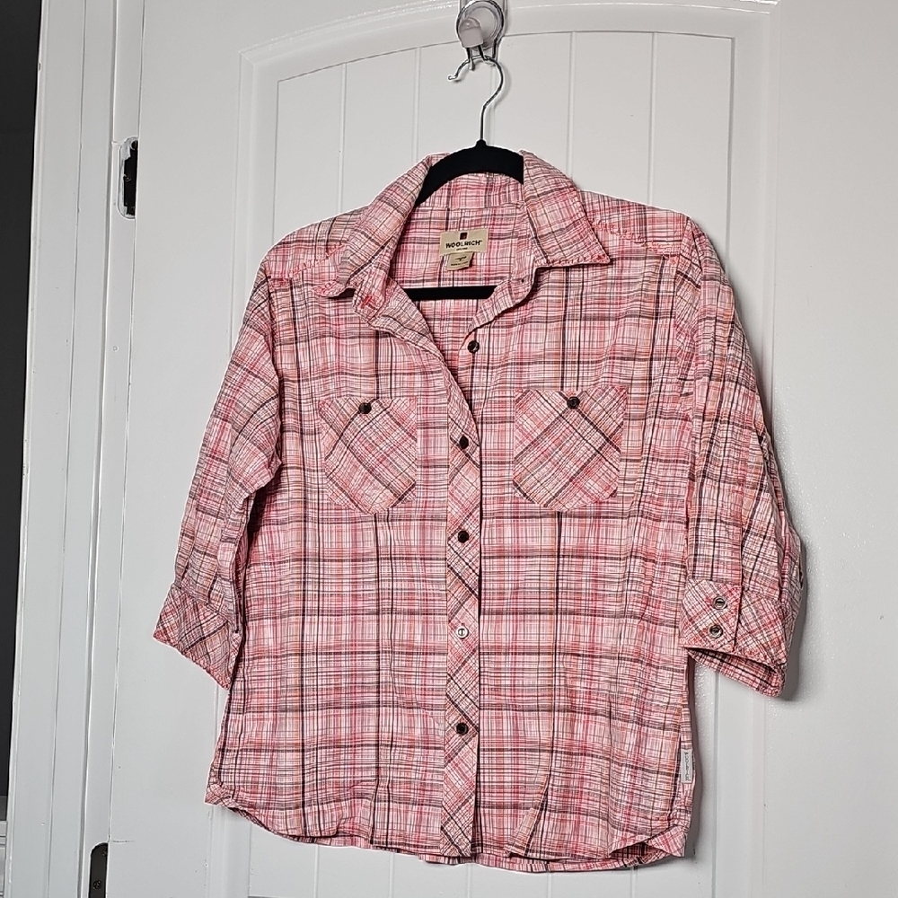 Woolrich Sm Casual Pink Plaid Shirt with Pockets, Half Sleeves